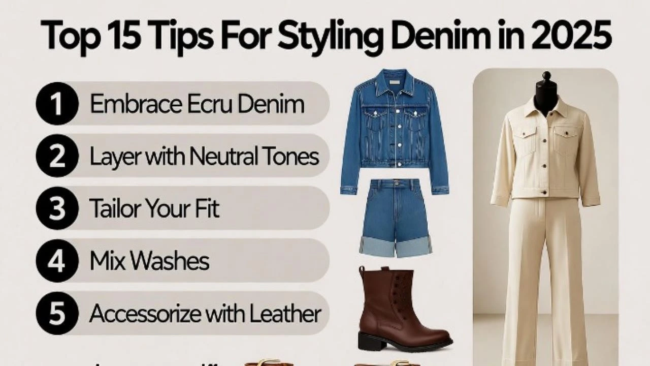 A clean, graphic design layout which consists of the title "Top 15 Tips For Styling Denim in 2025" is prominently featured at the top in a bold, contemporary font. Below, a numbered list (1-5 are visible) of stylish denim tips is arranged next to simple icon-style illustrations (e.g., a jacket, a jean cuff, a pair of boots). To the right, a mannequin wears a key 2025 denim trend like an ecru denim set or a tailored wide-leg jean. The color palette is neutral with pops of indigo and ecru. Style is a corporate infographic but with high-fashion sensibility.