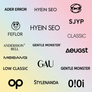 A vibrant and captivating collage of Top 15 Korean Fashion Brands Dominating 2025 logos arranged in an eye-catching display. The logos, each unique in its design, color palette, and typography, are seamlessly integrated into a visually harmonious composition. Brands such as Ader Error, Hyein Seo, Gentle Monster, SJYP, and Stylenanda are prominently featured, alongside other popular labels like Andersson Bell, Low Classic, and O!Oi. Each logo is rendered with precision, showcasing its individual aesthetic, from playful and quirky to sleek and minimalist. The background is a soft, gradient blend of pastel colors, allowing the logos to stand out without being overshadowed. The overall impression is one of modern sophistication and dynamic energy, reflecting the innovative spirit of Korean fashion.