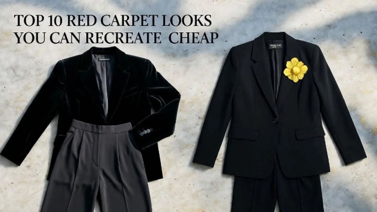 Overhead flat lay photography for a fashion article titled "Top 10 Red Carpet Looks You Can Recreate Cheap". The scene shows a luxury black velvet blazer and silk trousers neatly arranged on one side, contrasted with a thrifted black blazer and sleek polyester trousers on the other. A DIY gold-painted costume jewelry brooch sits next to the budget outfit. The text "TOP 10 RED CARPET LOOKS YOU CAN RECREATE CHEAP" is elegantly superimposed at the top. Soft, natural lighting on a textured concrete background, clean and sharp style