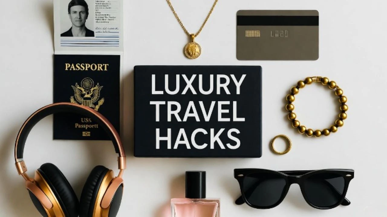 Flat lay of luxury travel items, including a US passport, headphones, jewelry, and credit card, surrounding the text "LUXURY TRAVEL HACKS."This image illustrates Top 15 Luxury Travel Hacks that save big