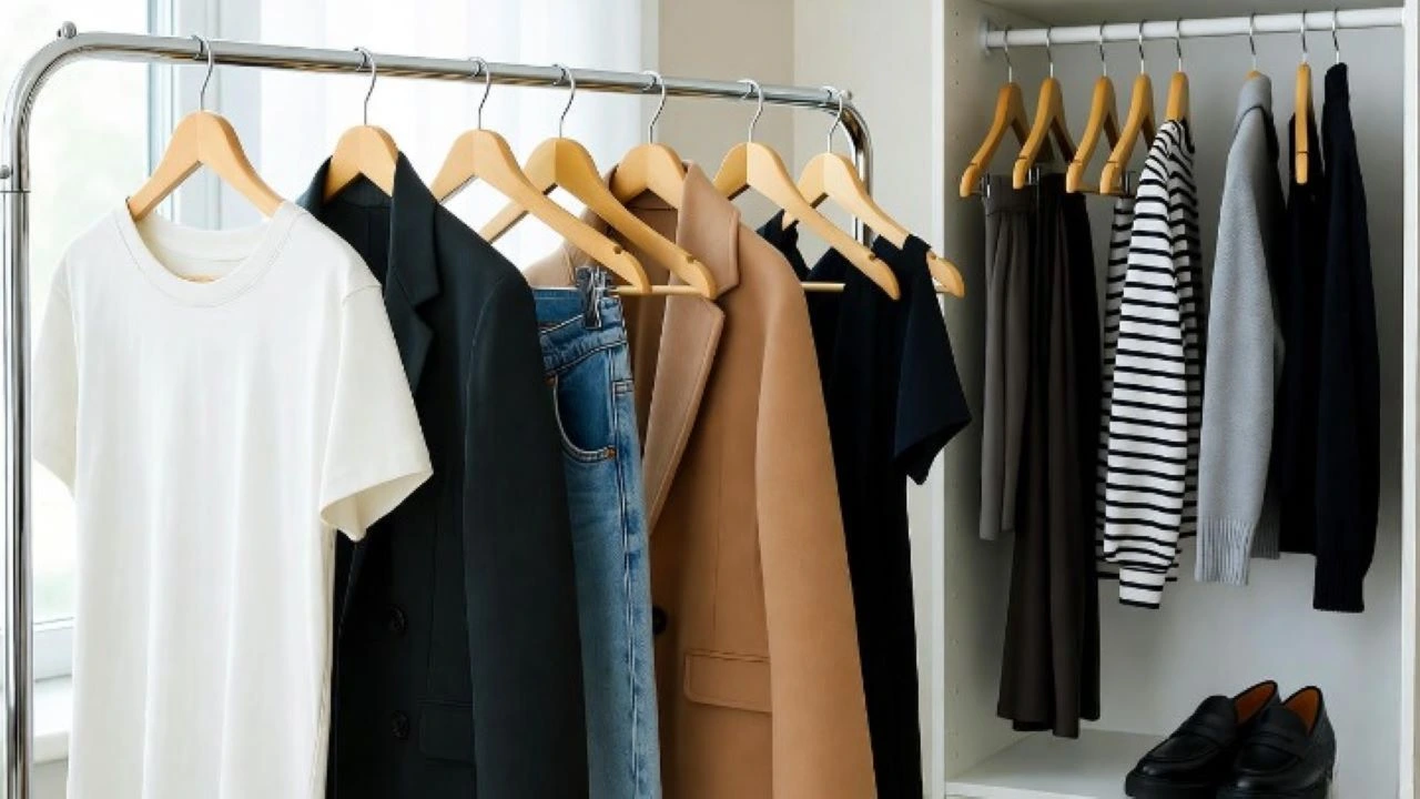 A soft-focus, lifestyle photograph of a minimalist woman's curated wardrobe. The scene is in a bright, airy room with morning light streaming in. A clothing rack and an open, organized wardrobe display ten core items: a white t-shirt, black blazer, high-quality denim, a camel coat, a black dress, tailored trousers, a striped top, a grey sweater, a silk skirt, and leather loafers. The colors are a cohesive neutral palette of white, black, beige, and grey. The text "Top 10 Capsule Wardrobe Ideas" is subtly integrated into the scene, perhaps written on a small card or in the negative space. The atmosphere is calm, effortless, and chic.
