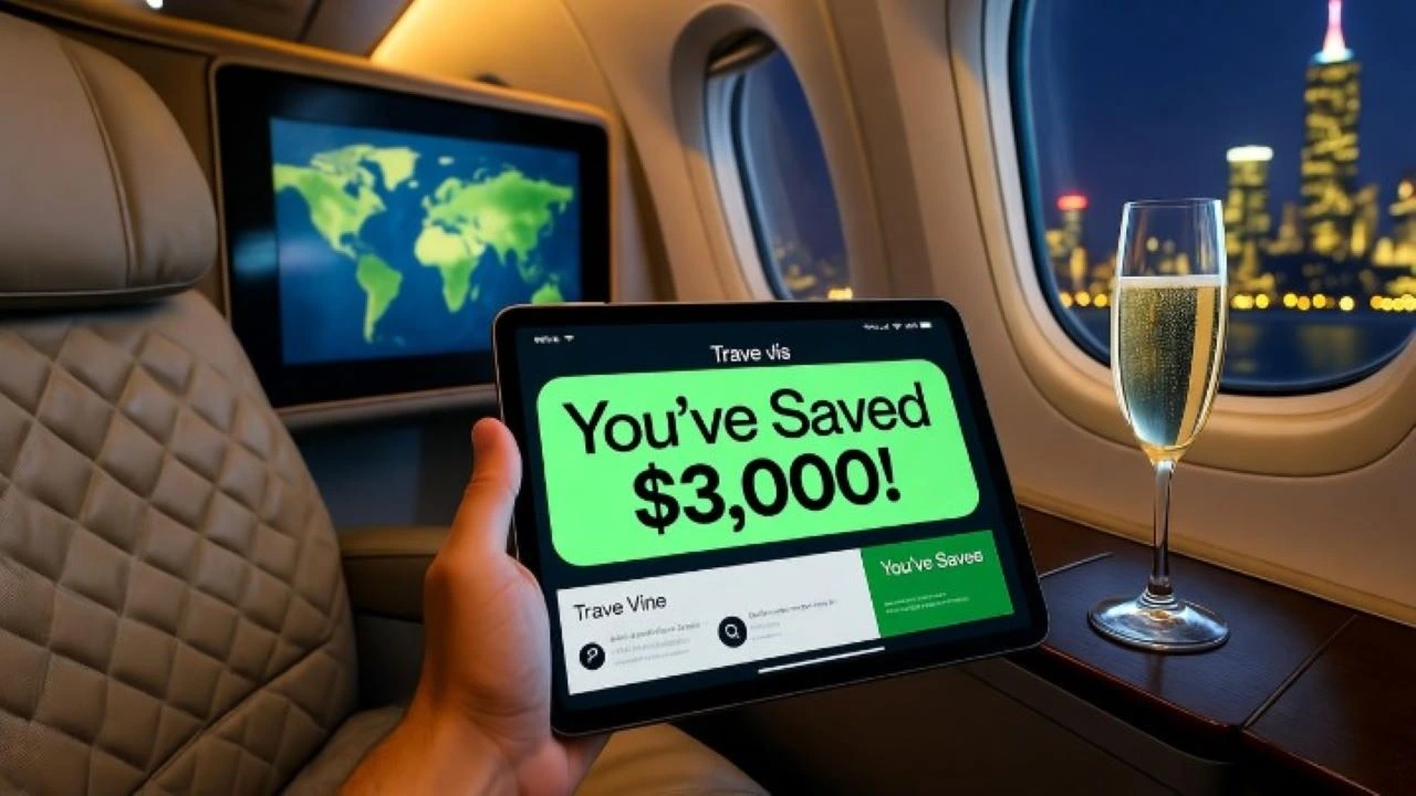 A cinematic, first-person view from a luxurious airplane business class seat at night. This aspirational scene perfectly illustrates the successful outcome of figuring out how to get business class ticket for cheap. In the foreground, a hand holds a tablet displaying a bright green notification banner that reads "You've Saved $3,000!" on a travel app. A tall glass of champagne rests on the wooden side table next to the tablet. The background shows the plush, lie-flat seat, a large entertainment screen displaying a world map, and an airplane window view of a sparkling, out-of-focus city skyline at night. The scene captures a sense of success and financial victory, emphasizing the affordable luxury travel achieved through smart strategy.