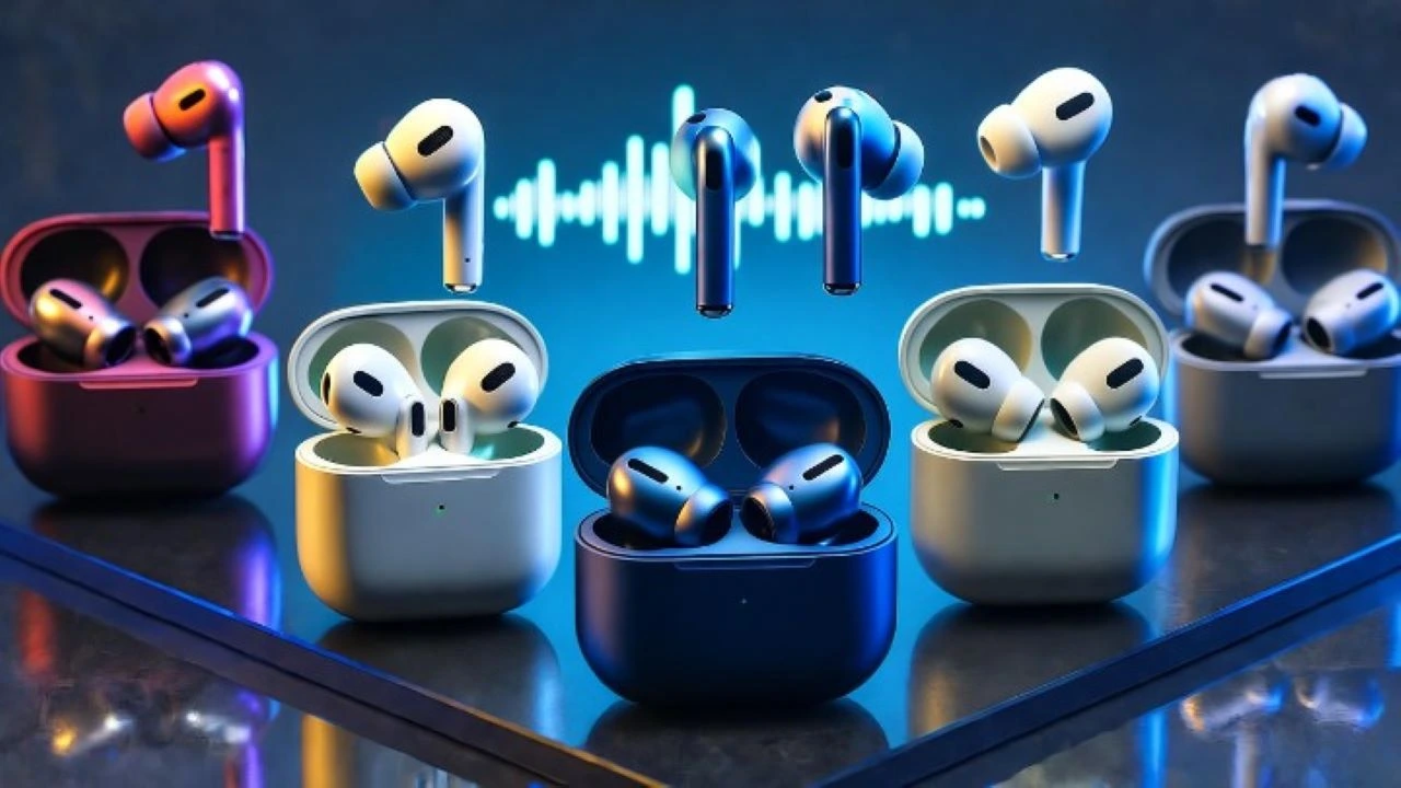 A dynamic product photography shot of a curated collection of the top 12 wireless earbuds with best sound in 2025, arranged in an appealing, staggered formation on a sleek, reflective black acrylic surface. The earbuds are in their open charging cases, showcasing a variety of modern designs from brands like Apple, Sony, Bose, Sennheiser, and Technics. The scene is lit with a cool, futuristic blue and purple LED accent lighting that creates clean reflections and highlights the premium materials like matte plastic, glossy finishes, and metallic details. The composition is energetic, with some earbuds in the sharp foreground and others receding into a soft bokeh background. A subtle digital HUD element, like a floating '2025' or a soundwave graphic, is integrated into the background to emphasize the futuristic theme. The style is hyper-realistic, ultra-detailed, with sharp focus and 8K resolution, conveying a sense of cutting-edge audio technology and superior sound quality.