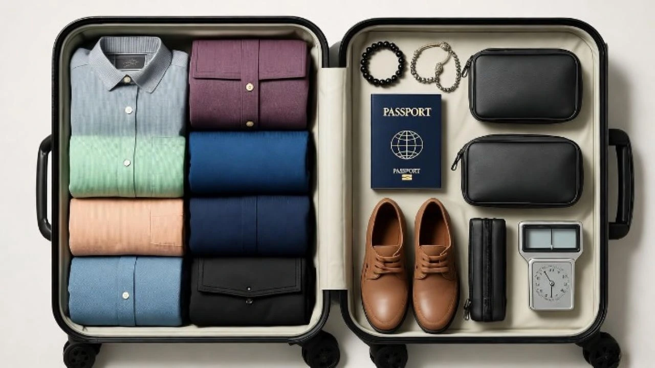 An open suitcase is neatly organized with rolled and folded clothes on the left, and travel accessories on the right, including a passport, jewelry, shoes, pouches for electronics, and a small luggage scale.The image is captioned "Top 12 Smart Packing Tips every traveller swears by"