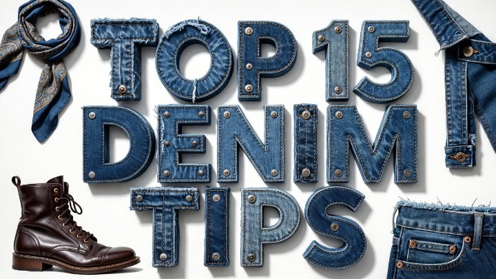A bold, 3D typographic poster with the text "TOP 15 DENIM TIPS" made entirely of textured denim fabric, stitching, and metal rivets. Some letters are folded or styled differently. Surrounded by a few key styling items like a silk scarf and vintage boots. Graphic, eye-catching, concept art. The image is captioned as "Top 15 tips for styling denim"