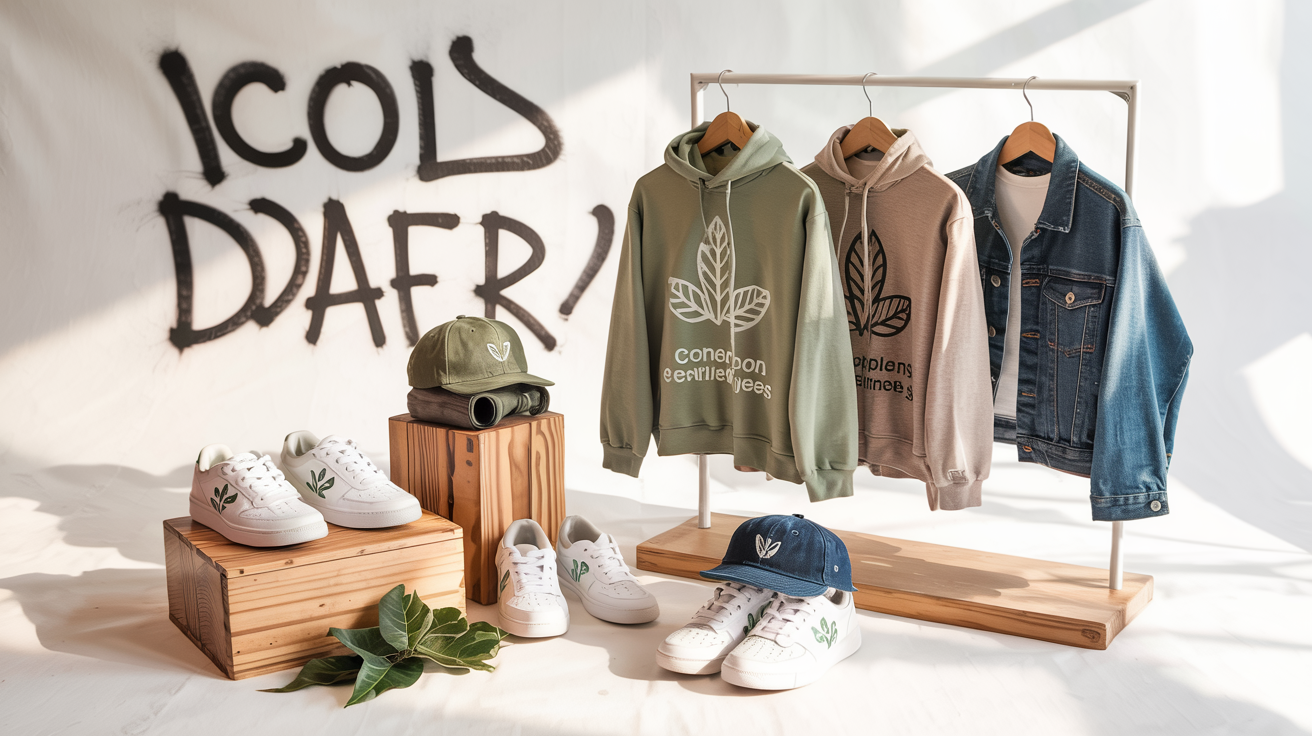 A vibrant streetwear scene emphasizing eco-friendliness, featuring sustainable clothing items like recycled fabric sneakers, organic cotton hoodies, bamboo-fiber caps, and upcycled denim jackets displayed on wooden mannequins or hanging on eco-friendly racks made from reclaimed wood. Incorporate green elements such as plant-based dyes, leaf patterns, and recycled plastic accessories scattered around an urban street background with graffiti walls promoting sustainability, solar-powered street lamps, and lush greenery overtaking concrete. Use earthy tones like greens, browns, and blues to evoke environmental consciousness, with no human figures present. The image is captioned as "Top 10 streetwear trends to follow in 2026"