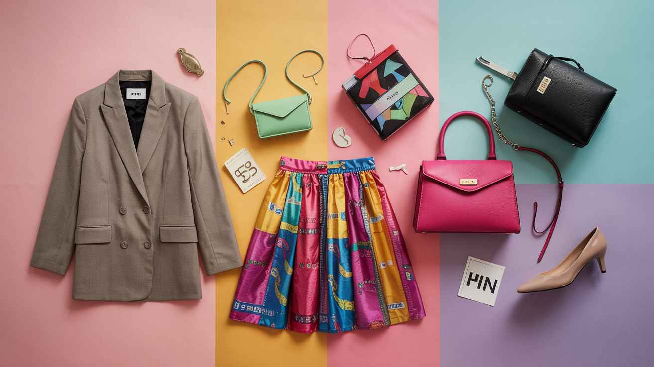 A flat lay collage showing iconic items from top Korean fashion brands: a tailored blazer, a colorful patterned skirt, a sleek handbag, and unique accessories against a pastel background. Clean, bright, and stylish composition.
